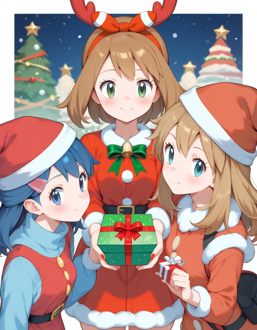 Pokemon female character Misty,  may , dawn and serena , red-nosed reindeer costume, cute image, Christmas cover, saturated colors, holding a gift box, pokemon design, three girls 