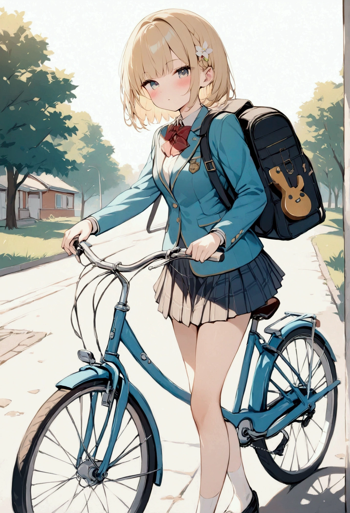 (masterpiece,  best quality:1.2), reality、 bicycle with a guitar on her back, Alone、 high school girl 、uniform、(do)、White background、White background、