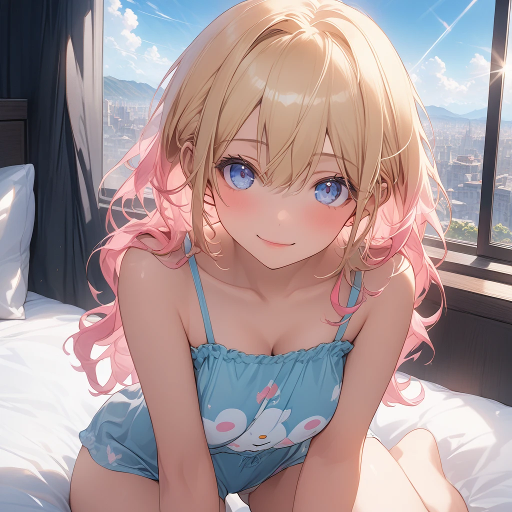 ((32K)), (( best quality)), (( Ultra Hi-Res )), (( high definition )), ((超 high definition )), (( very detailed CG)), ((unity 32K wallpaper)), (masterpiece,  best quality),( 1 girl),  blonde hair,  cute face, Beautiful Skin,  shiny hair,  super detailed eyes ,pink camisole,Blue sky from the window,  panties, sitting on the bed ,  spreads legs,whole body:1.1