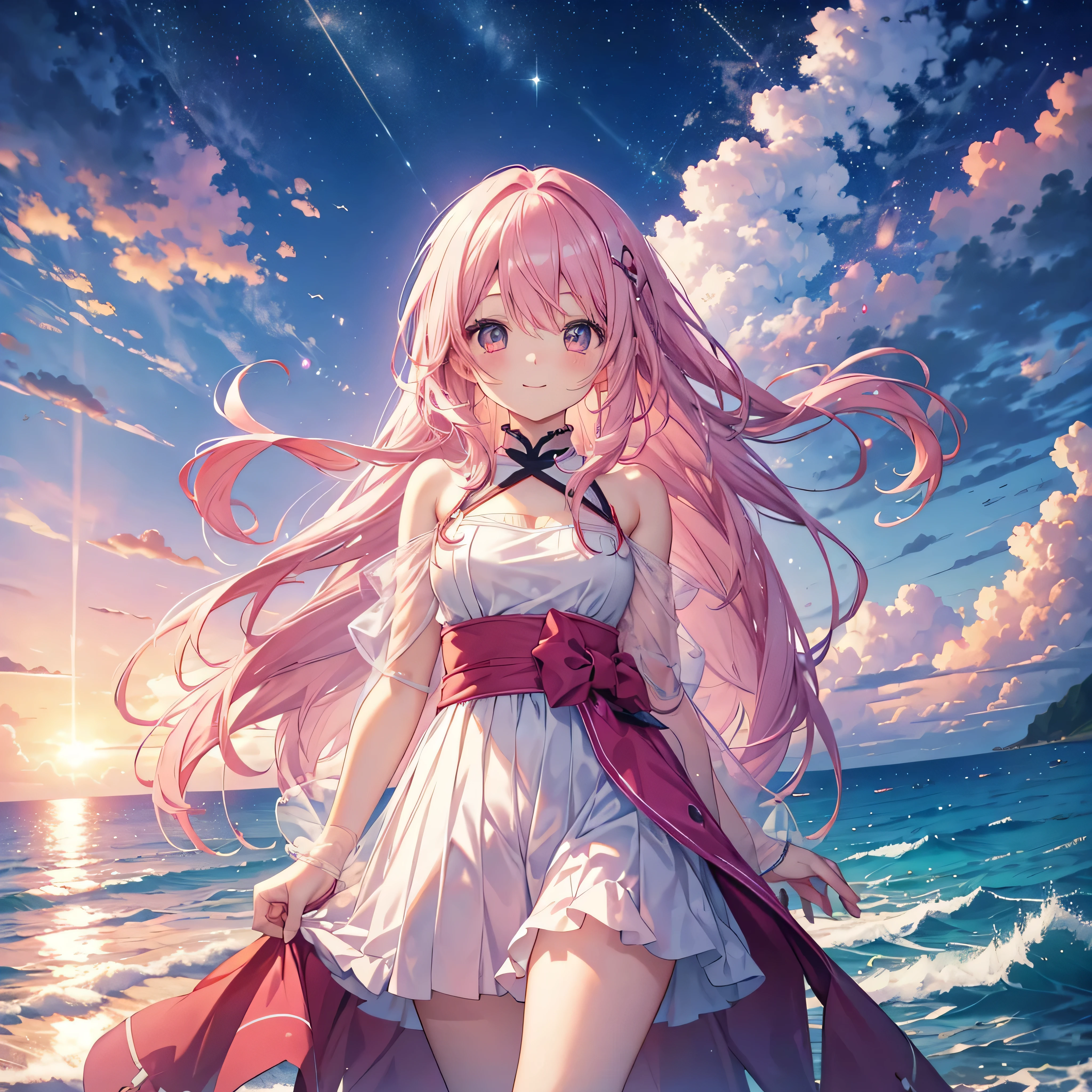cute anime pink haired girl、 dynamic、long hair,(Looking up,Sunset beach,The best smile ,Feminine Style) Magical Atmosphere