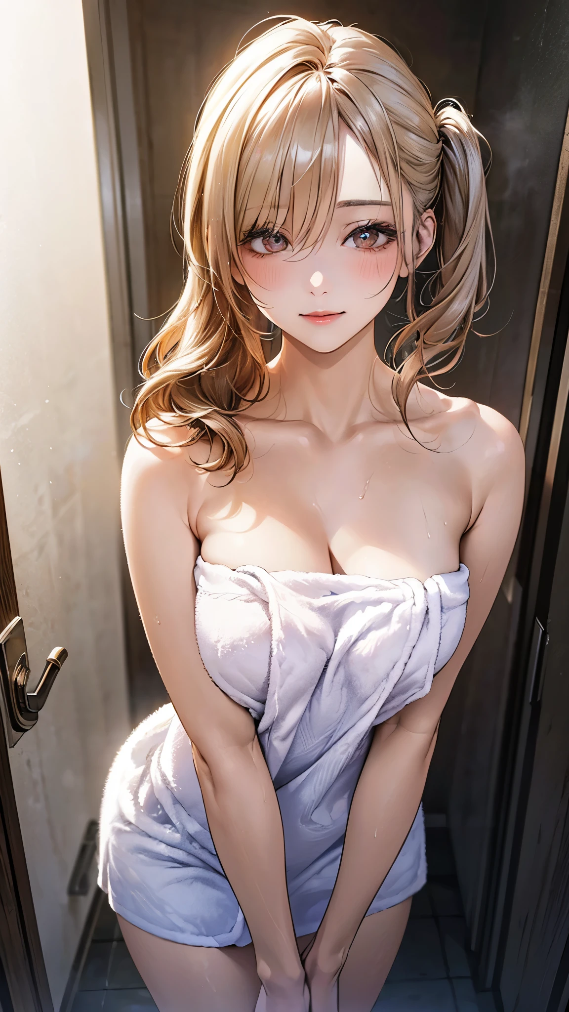 (masterpiece:1.2, top-quality), ultra high res, ultra detailed, (realistic, photorealistic:1.4), beautiful illustration, perfect lighting, natural lighting, depth of fields, 2024s, nsfw, 
beautiful detailed hair, beautiful detailed face, beautiful detailed eyes, beautiful clavicle, beautiful body, beautiful chest, beautiful thigh, beautiful legs, beautiful fingers, 
ooking at viewer, face focus, upper body, 1 girl, japanese, high school girl, perfect face, cute and symmetrical face, shiny skin, 
(middle hair:0.6, side ponytail:1.2, ash blonde hair, (hair over eyes)), gold eyes, long eye lasher, (medium breasts), slender, 
((detailed cloth texture, naked towel)), 
(beautiful scenery), evening, ((outside shower room)), standing, (look down),