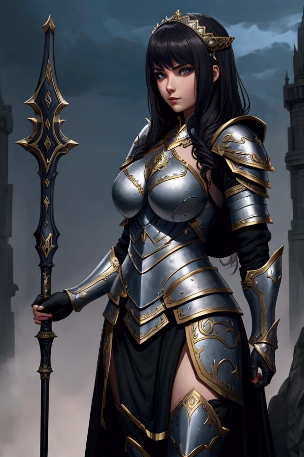 1 girl, armor, female focus, dark fantasy city background