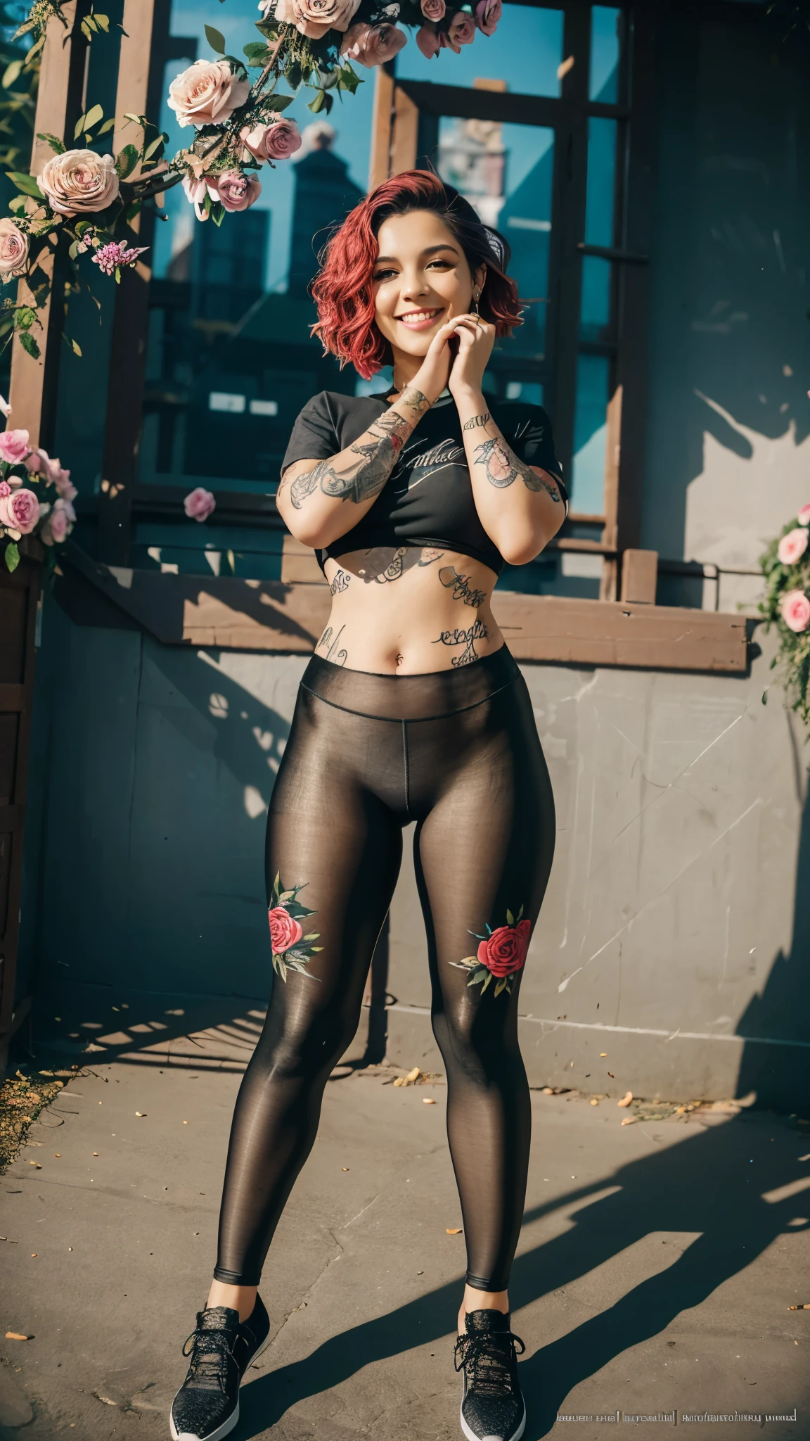  beautiful woman with short and colored hair wearing transparent leggings with a smiling hand over her mouth. tattoos. word "ArtesaNature" Tattooed writing in cursive and capitular letters with surrounding flowers and roses decorating the tattoo .  full body . studio.  hyperdetailed 