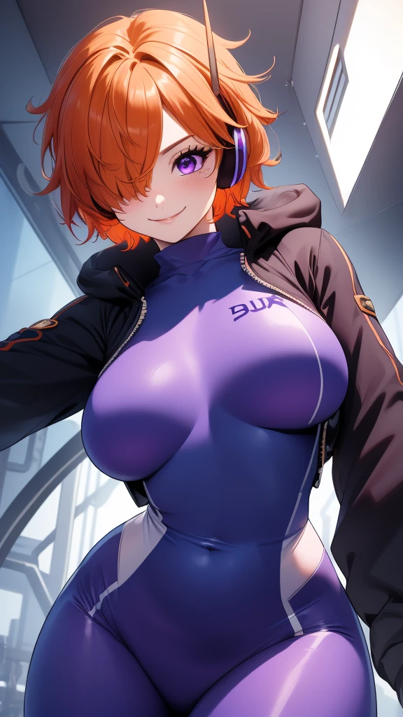 perfect anatomy, super detailed skin, (vegapunk_lilith, Lilith, headphones, Bangs covering one eye, bright orange hair, purple eyes:1.2), masterpiece、 best quality、masterpiece,  high definition , 8K quality,  perfect face, 1 girl, beautiful face, beautiful detailed eyes, Alone,  cute face、confident smile, red cheek, Wide hips、 Tight waist 、jacket, (bodysuit:1.2), reaching, from below, sexy pose, cowboy shot, dynamic angle, At a futuristic science factory