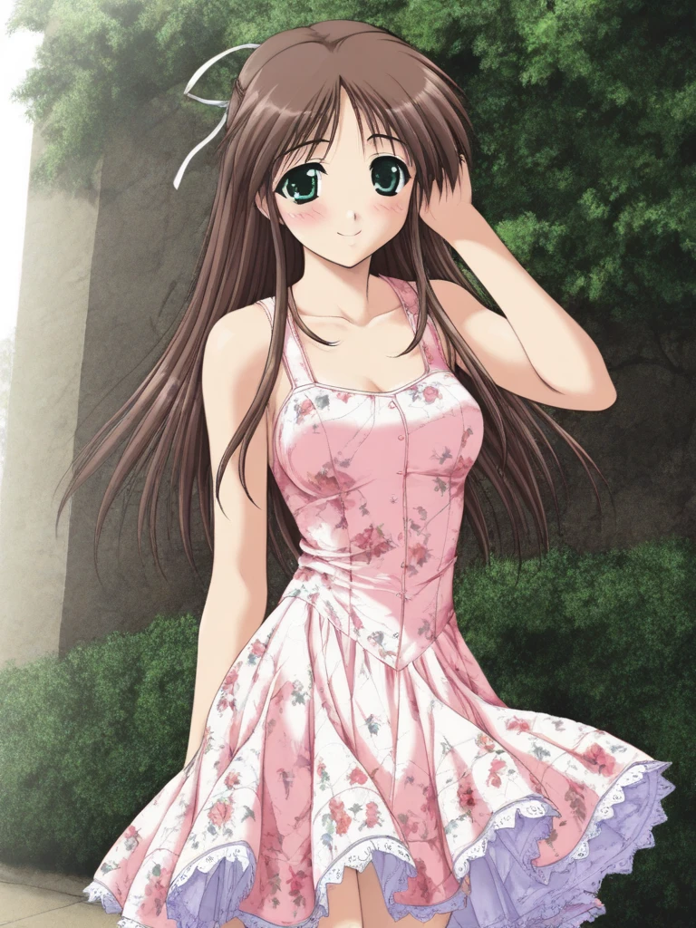 masterpiece, best quality, HinomoriAzusa, 1girl, solo, brown hair, long hair, green eyes, medium breasts, smile, blush, dress, outdoor,