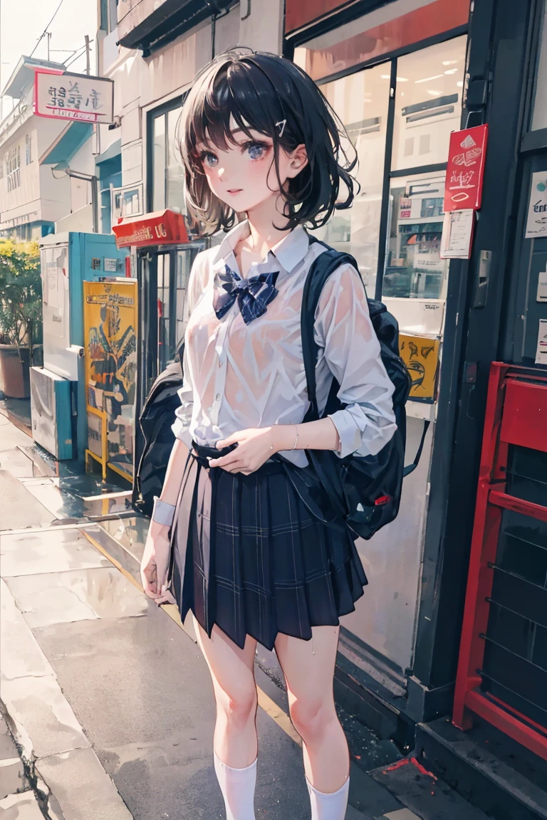 Highly detailed, High Quality, Masterpiece, beautiful, motion trail, MotionTrail, solo, full body,(Tabletop:1.3), (8K, Realistic, Raw photo, highest quality: 1.4), Japanese, (One girl), Beautiful Face, (Realistic Face), (Black Hair), Beautiful Hairstyles, Realistic eyes, Detailed and beautiful eyes, (Realistic Skin), Beautiful Skin, Charm, 超A high resolution, Surreal, Very detailed, Golden Ratio、(Fair skin:1.2), Shining Eyes, (Faint lips:1.2), (A fresh breeze:1.3), (medium messy hair, bangs:1.3), (Brown eyes), (thin), (Flat Chest:1.4), (face and leg shots:1.3), (Are standing, Side view), (smile:1.2), (white long sleeve button down shirt, Black school ankle socks, adidas_sneakers, plaid pleated midi skirt, School Bow Tie:1.3), (rucksack:1.2),(Japanese girl:1.2), (Idol:1.3)、(No bra)(Small and beautiful、hard(thin, Wet buttons down shirt length:1.1)、(uniform)、Street、Wet body, (ren&#39;s pants) ), (Ripped skirt:1.1),