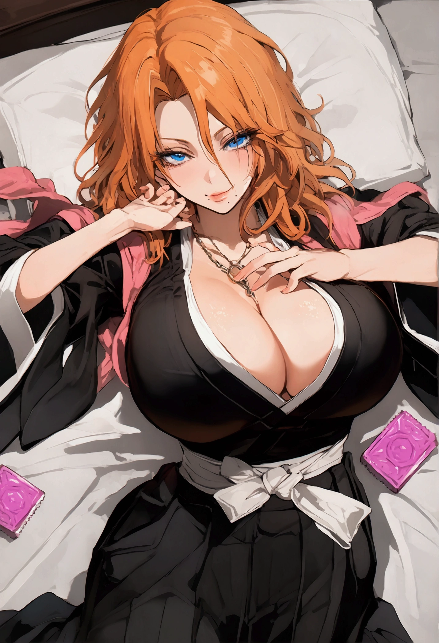 Rangiku, short hair, orange hair, blue eyes, hair between eyes, mole under the mouth, necklace, shinigami outfit with black kimono and hakama white sash and pink scarf, red bowtie, cleavage cutout, laying down on the bed, on her back laying, condom packaging surrounding her, smirking, full body in view, woman laying on stomach, massive cleavage, hands on breasts, detailed eyes
