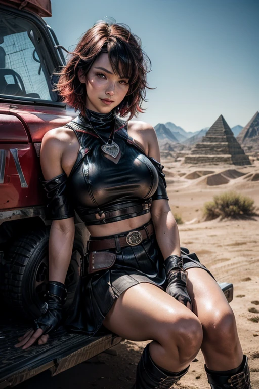Portrait of a young Asian girl in a science fiction setting, among complex background punk elements reminiscent of Mad Max's world. The scene is futuristic and post-apocalyptic, showcasing intricate details in best quality. This masterpiece presents the girl, standing tall and proud from head to toe, against the arid desert backdrop. Her eyes scatter defiance and determination, with vast, intriguing landscapes in the periphery. Despite wearing just enough clothing to cover her modesty, her huge tits remain contained, with layers of intricate metallic textures and harnesses accentuating her form. Her exposed midriff is adorned with high