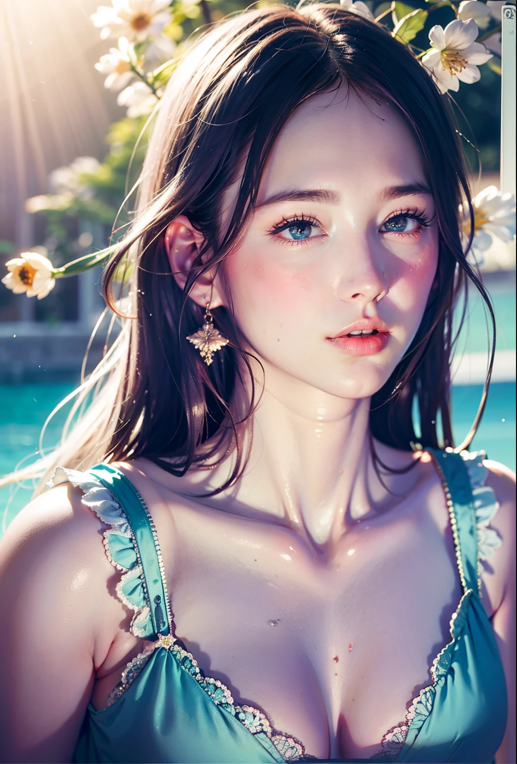 (Ultra Real), (Illustration), (High Resolution), (8K), (Very Detailed), (Best Illustration), (Beautiful Detailed Eyes), (Best Quality), (Ultra Detailed), (Masterpiece), (Wallpaper), (Detailed Face), Night Up Upper Body,Armpits,Short Hair,Solo,cute flowers outfit beautiful , Sweaty, Japan Person, Big Tits, flower crown ,river, sunrise