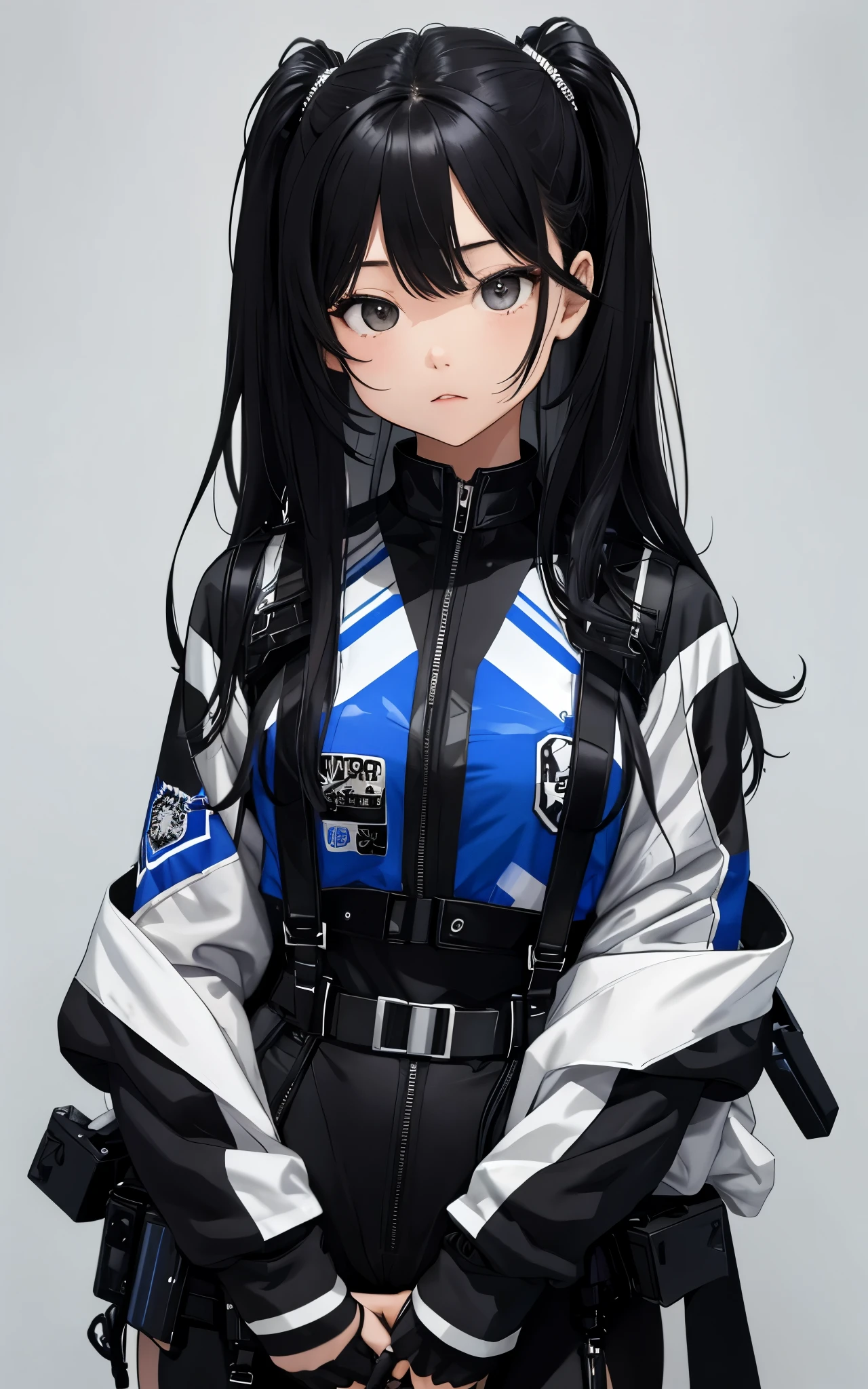 1 girl、highest quality、masterpiece、4K、Highest image quality、upper body shot、slightly wavy hair、waist-length black hair、black eyes、wearing black racing suit likes police uniform, black and grey mecha, wearing military harness、put one's hand in one's pocket、dark look、gray background