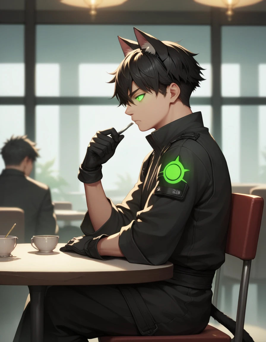 Ash maelion a anime athletic body adult (((neko male))) with black hair (((cat ears))) and green glowing eyes, wearing a black ninja outfit with iron gloves, he is sitting on a chair at a restaurant with many people around ash is with a bored look, ((looking down)), Shounen style, side view