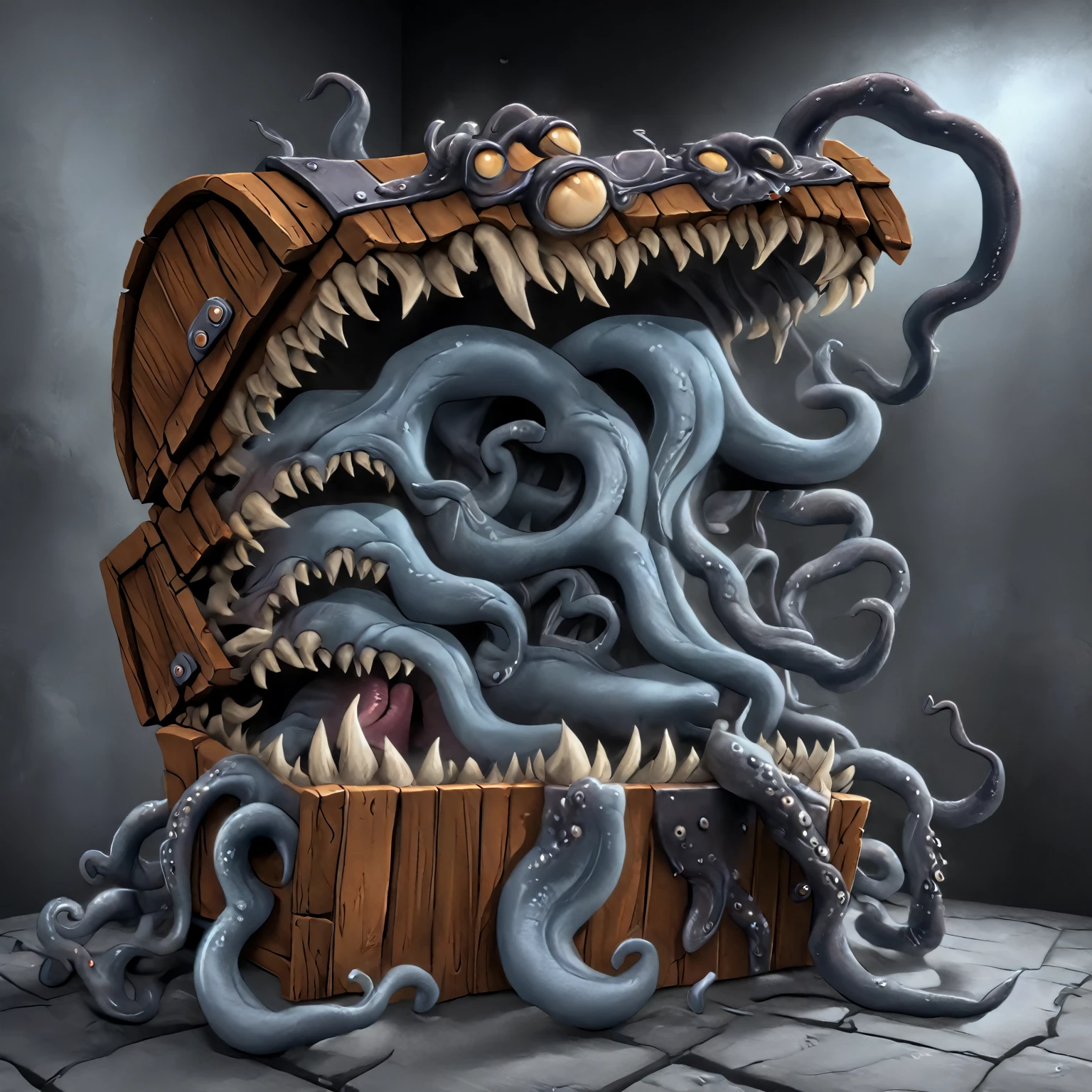  Detailed creature illustration ,  simulating  (( open iron chest well-formed mouth,  sharp teeth , a long tongue of wood and leather , in the dark and with tentacles instead of his tongue :1.2)), ( better quality, 4K, 8 k,  High resolution, masterpiece: 1.2),  ultra detailed ,  clear focus : 1.4, ( Realistic, photo Realistic, photo- Realistic: 1.37), (masterpiece: 1.3), ( better quality: 1.2) , ( high quality: 1.1), (photo Realistic: 1.37), ( volumetric data Extremely detailed : 1.2), ( cinematic lighting: 1.2), (dramatic shadows: 1.2), ( muted : 1.1 ), ,intense lighting, Dramatic lighting ,change of lighting, cinematic lighting,black and white painting ,dramatic shadows,dramatic moments,bright colors, intense colors ,deep contrast, cinematic depth of field , cinematic composition , corner cinematic camera.  The facial expression has a magician in gray-blue clothes in his mouth.