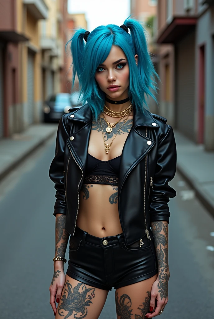 Ultra-realistic 8k CG, masterpiece, best quality, (photorealistic:1.4), absurdres, extremely detailed, real hair, life-like, provocative pose, walking street on a summer day, black punk jacket, blue crop, blue short jeans, black boots, very skinny, goth, messy blue hair, blue eyes, long black nails, tattoo, looking camera,
