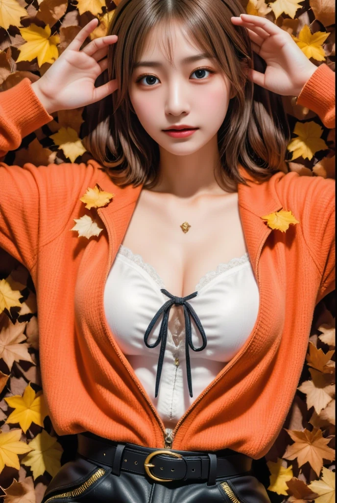 (masterpiece, best quality:1.2), 1girl, Alone、gal ,medium breasts,、Blonde,brown eye、A woman lying on a large amount of fallen orange leaves, Autumn leaves, Happy smile, View from above,(white blouse with lace,buckle suspension short skirt, zip side combat boots, black tie_ribbon,Red eyeshadow),ORANGE HOODIE, Hands on head, Fallen leaves on my clothes and head. (Colorful Red, orange, and yellow fallen leaves).