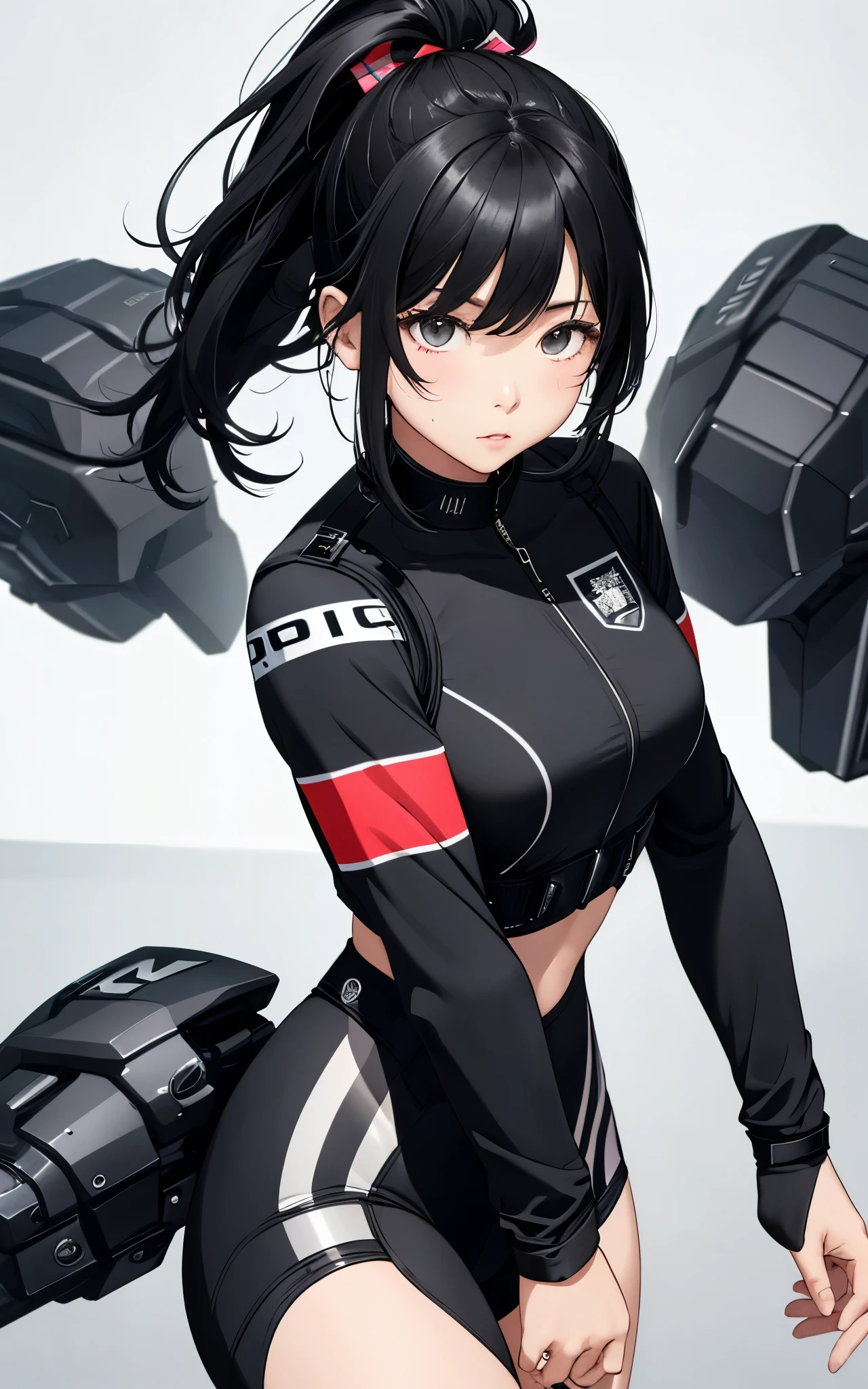 1 girl、highest quality、masterpiece、4K、Highest image quality、whole body、slightly wavy hair、waist-length black hair、black eyes、wearing black racing suit likes police uniform, black and grey mecha, wearing military harness、put one's hand in one's pocket、dark look、gray background