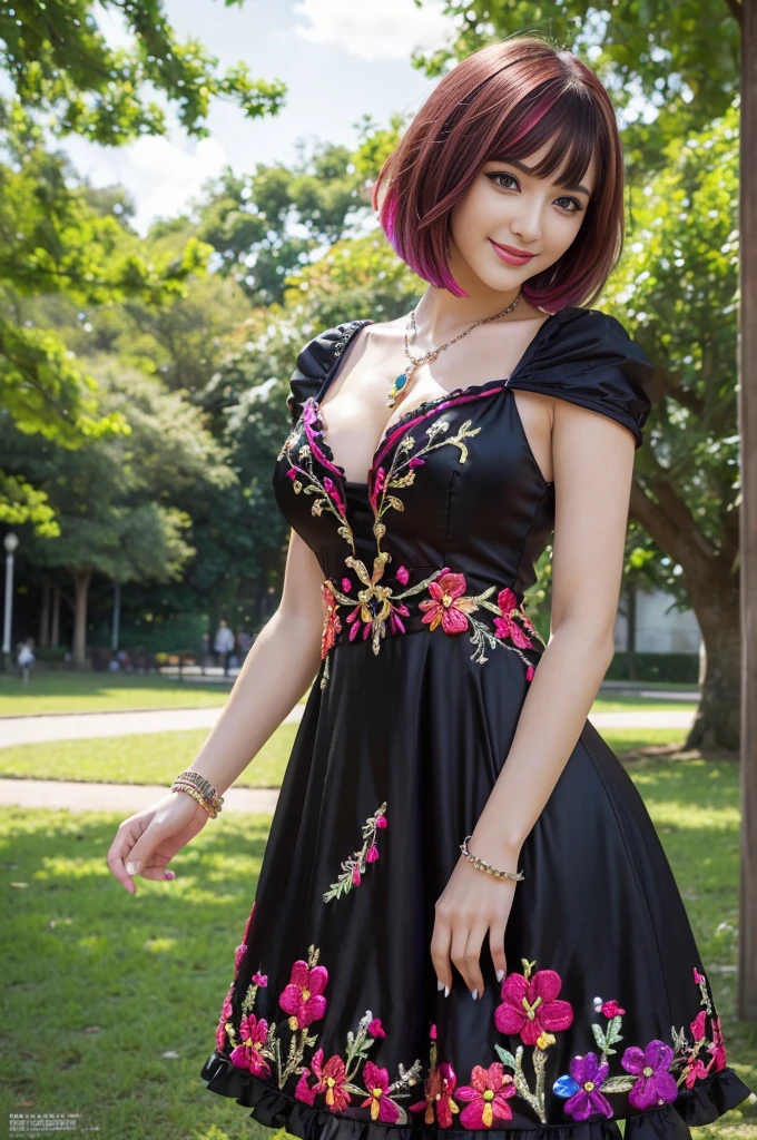 (masterpiece:1.4), (best quality:1.4), ultra high res, ultra high resolution, ((detailed facial features)), HDR, (realistic, photorealistic, photo-realistic:1.37), full body Esbian, sexy Indonesian model, (-anime), vivid colors, ((vivid colors multicolor (pink, red, purple) very short hair)), (happy smile), lip-gloss, long lashes, ultra detailed metallic makeup, defined eyebrows, wearing large sparkling colorful jewelery, (wearing a red silk Paradise Kiss cosplay dress with black floral embroidery), ((vivid colors outfit)), vivid colors, look at the camera, cinematic light, large park background with trees, sweet and sexy pose
