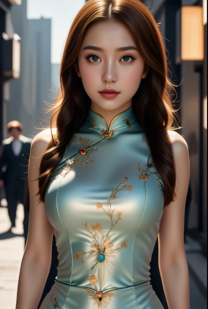 (Very beautiful cute girl), (very cute face:1.2),, (sparking crystal clear attractive large eyes:1.2), beautiful detailed eyes, Detailed double eyelids, (smiling), (realistic photograph:1.2), Super shiny metallic neon pink gorgeous long sleeves cheongsam, chinese phoenixes pattern design cheongsam, Costume lighting,in the street,walking,(costume with smooth and strong reflective surfaces:1.1),(baby face:1.2)