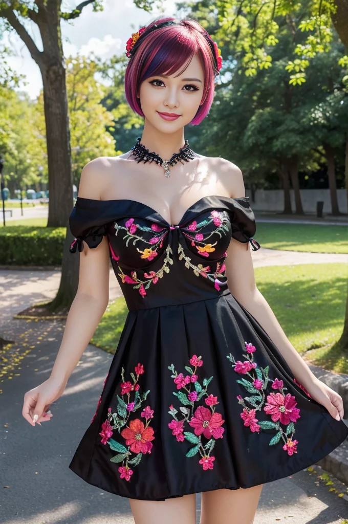 (masterpiece:1.4), (best quality:1.4), ultra high res, ultra high resolution, ((detailed facial features)), HDR, (realistic, photorealistic, photo-realistic:1.37), full body Esbian, sexy Japanese model, (-anime), vivid colors, ((vivid colors multicolor (red, fuchsia) very short hair)), (happy smile), lip-gloss, long lashes, beautiful makeup, defined eyebrows, wearing large sparkling colorful jewelery, wearing a red silk Paradise Kiss cosplay dress with black floral embroidery, ((vivid colors outfit)), vivid colors, look at the camera, cinematic light, large park background with trees, sweet and sexy pose