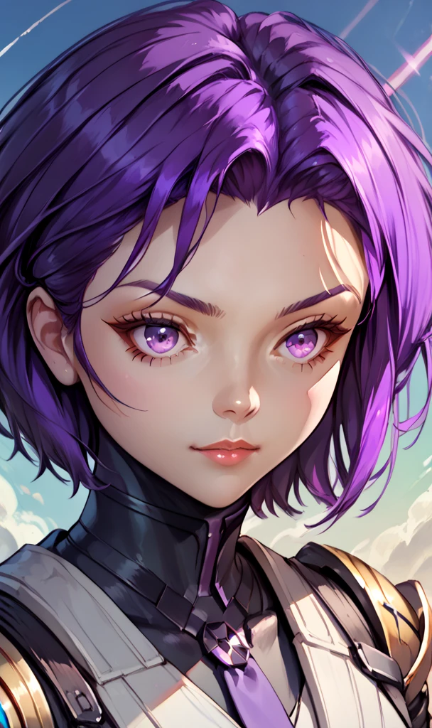  a close-up of a person with purple hair and a purple tie, Stylized anime, Anime Moe Art Style, Katana Zero video game character , Anime girls of the future, Portrait Anime Space Cadet Girl,  Portrait Knight of the Zodiac Girl ,  Close-up of a young anime girl , Anime stylized, With bright violet eyes, in anime style, 3D in anime style