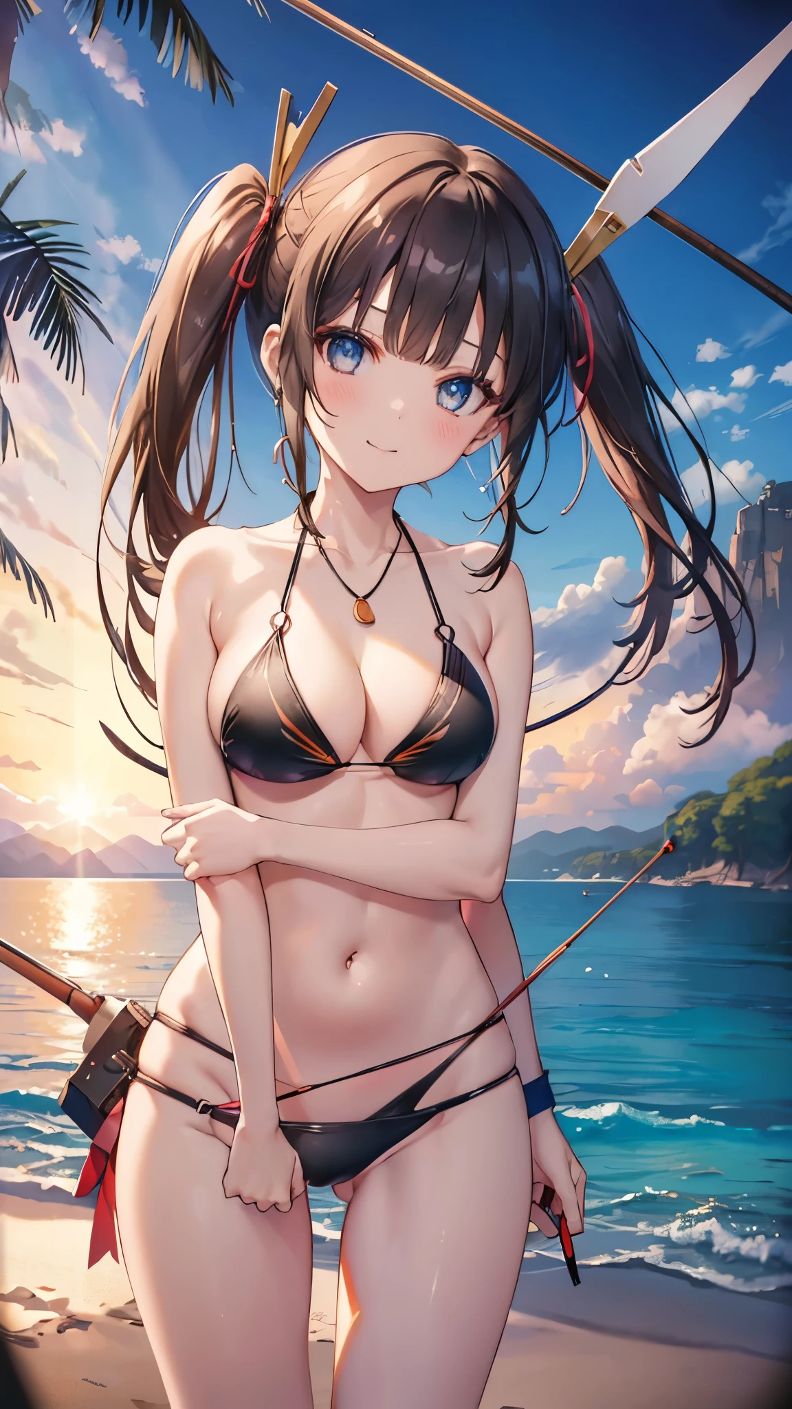 (8K、Highest image quality、highest quality、masterpiece)、detailed face、1 girl、black hair、(( twintails))、blunt bangs,shiny eyes、(())、Moderate chest,large breast,((bikinis,slingshot:1.5))、open clothes、((Cleavage,plunging, pendant,navel pierce))、cleavage、(())、((groin))、(( standing,straight on:1.5))、( smile,happy),put your hands on your hips、cowboy shot,beautiful background、(outdoor,paradise,beach),POV
