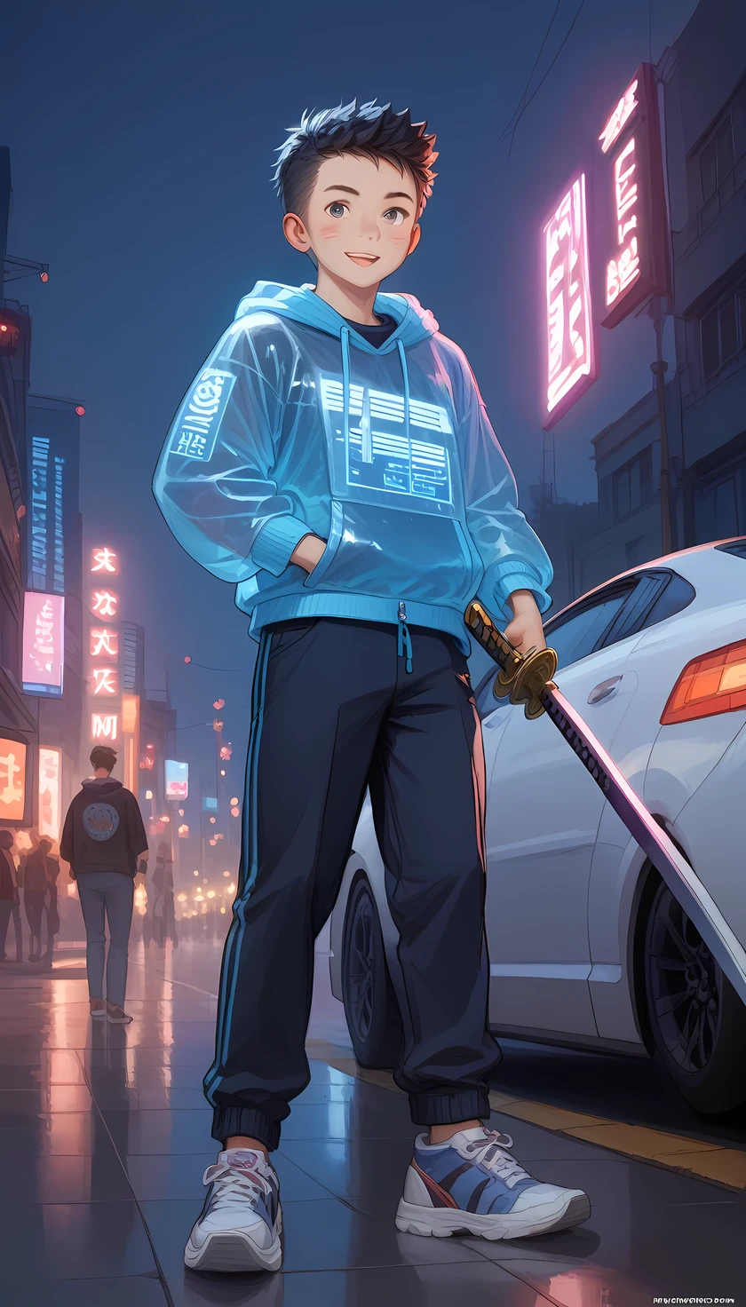 (((Best quality, 8k, Masterpiece: 1.3)), ((best quality)), ((masterpiece)), (detailed), perfect face, perfect body, (detailed skin:1.3), (intricate details), A young samurai boy with messy black hair stands in a dynamic pose on a bustling street of a near-future megacity. He wears modern, casual clothing, including a hoodie and sneakers, contrasted with the traditional elegance of the katana he wields in his right hand. His left hand is raised high, as if signaling or preparing for action, while neon lights from towering skyscrapers and holographic advertisements illuminate the urban setting. The streets are crowded with futuristic vehicles and people, but the boy’s focused expression and poised stance make him stand out as a striking figure in this fusion of tradition and modernity.