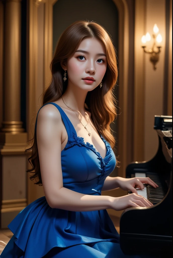 Photo of Japanese girl, earrings, upper body, 1girl, 
necklace, earrings, bracelet, 
Long hair with layered cut, brown to blonde speckled hair, 

The dress is cobalt blue, with layers of ruffles flowing down her body. The shoulders are beautifully pleated like a sculpture, adding a touch of sophistication. , 

Playing the piano solo in a concert hall, from the side