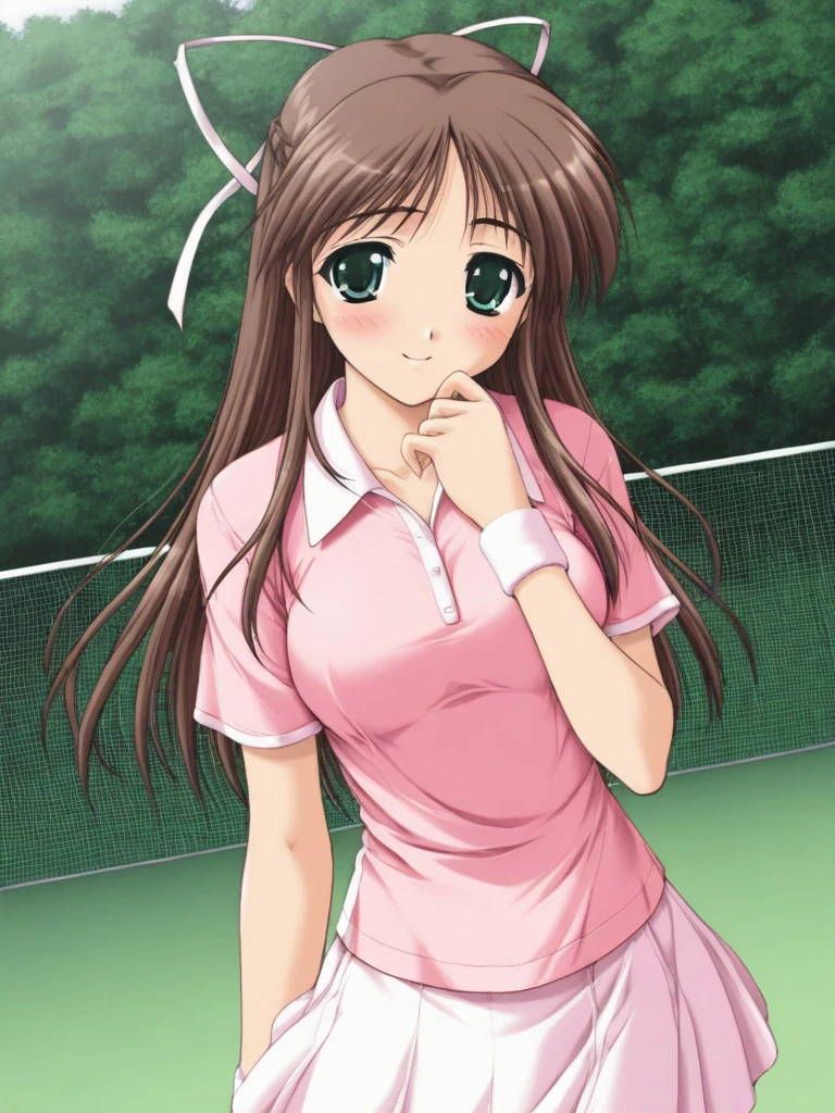 masterpiece, best quality, HinomoriAzusa, 1girl, solo, brown hair, long hair, green eyes, medium breasts, smile, blush, tennis uniform, outdoor,