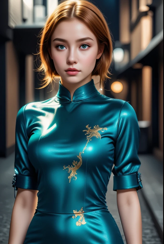 (Very beautiful cute girl), (very cute face:1.2),, (sparking crystal clear attractive large eyes:1.2), beautiful detailed eyes, Detailed double eyelids, (smiling), (realistic photograph:1.2), Super shiny metallic cobalt blue gorgeous long sleeves cheongsam, dragons pattern design cheongsam, Costume lighting,in the street,walking,(costume with smooth and strong reflective surfaces:1.1),(:1.1)