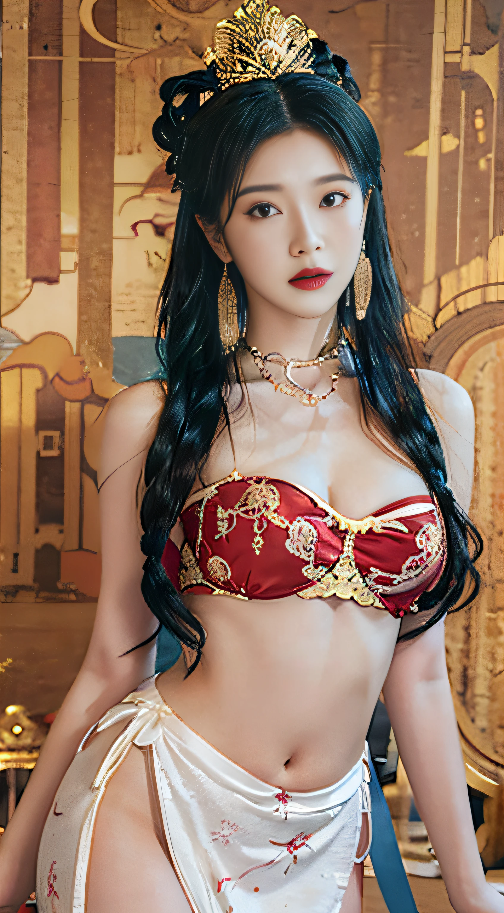 (masterpiece, 8k_wallpaper:1.2 ), Soft and long hair,light blue hair,white hip wrap dress,golden crown,mooning,big long legs, Perfect body proportions,look down, look at viewer,  bun,Closed_Mouth,Earrings,jewelry,Lips,red lip,eyelashes,jewely,choker necklace,lipstick,