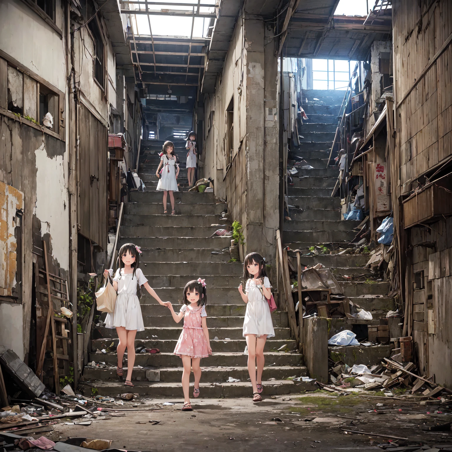 
(masterpiece、 best quality)、((3 girls、Girl in summer clothes 、 detailed face ))、smile、Have fun exploring as a group、Figure-centered composition、(Poor conditions)、( housing complex、An abandoned hot spring town 、Dark and unsanitary、Bulky garbage、Battleship Island:1.2、Stairs to the basement、 Underground Shopping Mall)、 perfect anatomy