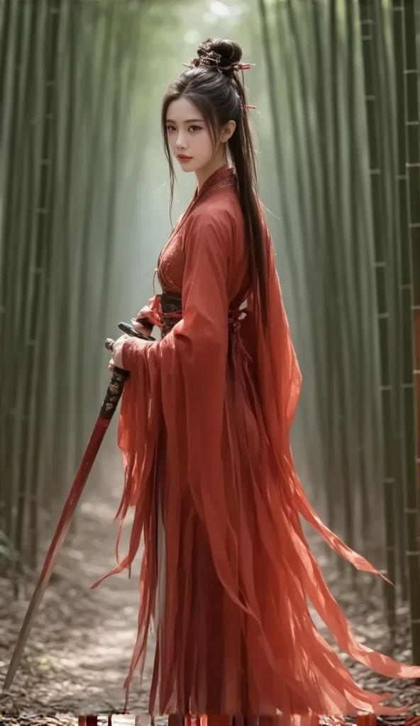 In a mystical bamboo forest, a towering female swordsman, dressed in flowing red robes, stands tall above the swaying bamboo stalks, her height surpassing even the tallest of the trees. Her slender, graceful figure moves with the elegance of a traditional Chinese dancer, each motion imbued with the fluid beauty of Eastern martial arts. Her sword, gleaming in the soft light filtering through the bamboo, cuts through the air with both precision and grace. Her face is a masterpiece of flawless beauty, serene yet focused, with an air of deadly calm.

Below her, a mysterious black-clad, masked figure stands, their height barely reaching the towering swordswoman’s knee. Despite the massive difference in scale, the black-clad fighter exudes an intense aura, their movements swift and sharp, darting through the bamboo like a shadow. The contrast between the two is stark—one towering and majestic, the other small but fiercely determined. The bamboo forest around them sways gently in the wind, framing this epic battle of skill, power, and grace. The scene captures the essence of an ancient Chinese martial arts duel, with every detail brimming with elegance and intensity.