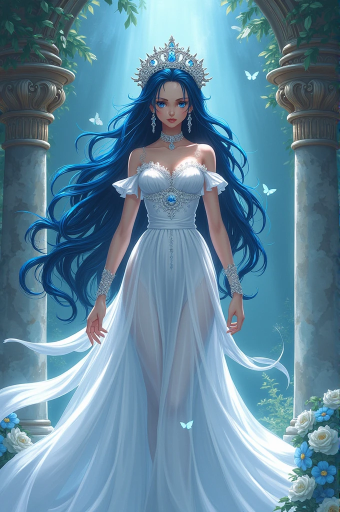 A beautiful water goddess, long flowing blue hair, piercing blue eyes, flawless pale skin, elegant flowing dress, Sonic the Hedgehog, goddess, water spirit, fantasy, magical, ethereal, 1girl, blue hair, blue eyes, pale skin, flowing dress, detailed eyes, detailed face, detailed skin, detailed dress, (best quality,4k,8k,highres,masterpiece:1.2),ultra-detailed,(realistic,photorealistic,photo-realistic:1.37),HDR,UHD,studio lighting,ultra-fine painting,sharp focus,physically-based rendering,extreme detail description,professional,vivid colors,bokeh,fantasy art,digital art,concept art