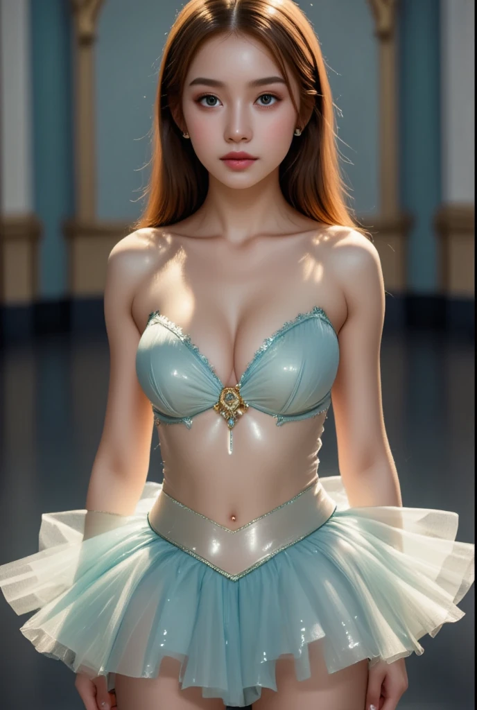 (Very beautiful  cute girl), ,(super cute face:1.2),(),(sparking clear attractive large eyes:1.2), Beautiful detailed eyes, Detailed double eyelids, (smiling), (realistic photograph:1.1), long straight hair,(costume tutu for ballet :1.1),(super shiny white transparent holographic costume :1.2),professional  photography ,beautiful costume tutu,beautiful thighs,body shot,ballet stage 