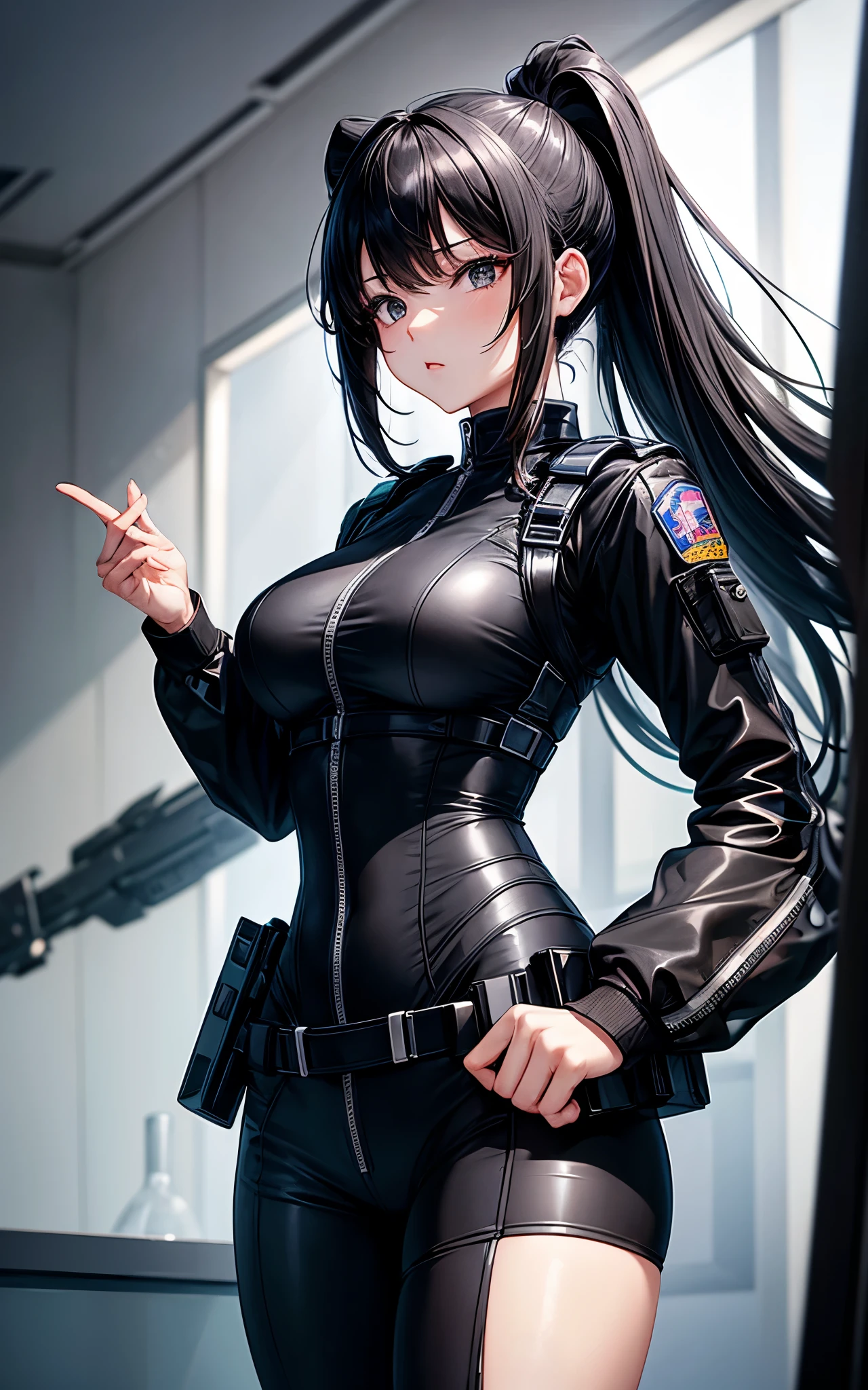 1 girl、highest quality、masterpiece、4K、Highest image quality、upper body shot、slightly wavy hair、waist-length black hair、black eyes、wearing black racing suit likes police uniform, black and grey mecha, wearing military harness、put one&#39;s hand in one&#39;s pocket、dark look、gray background