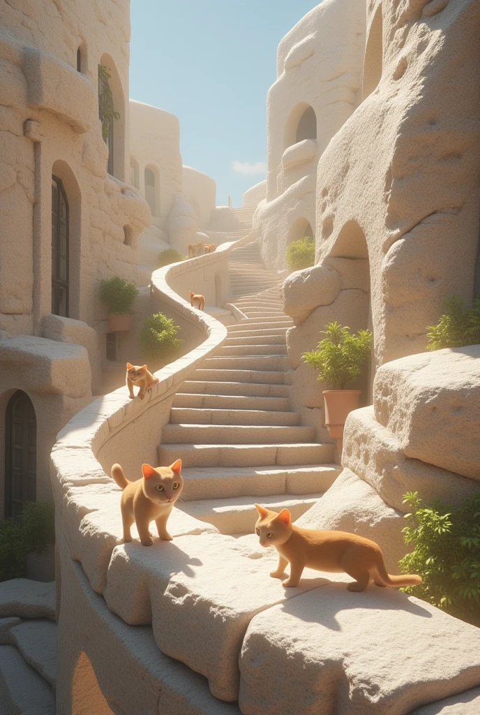 Penrose stairs made of very realistic stone, with cute cats happily walking on them, simple background