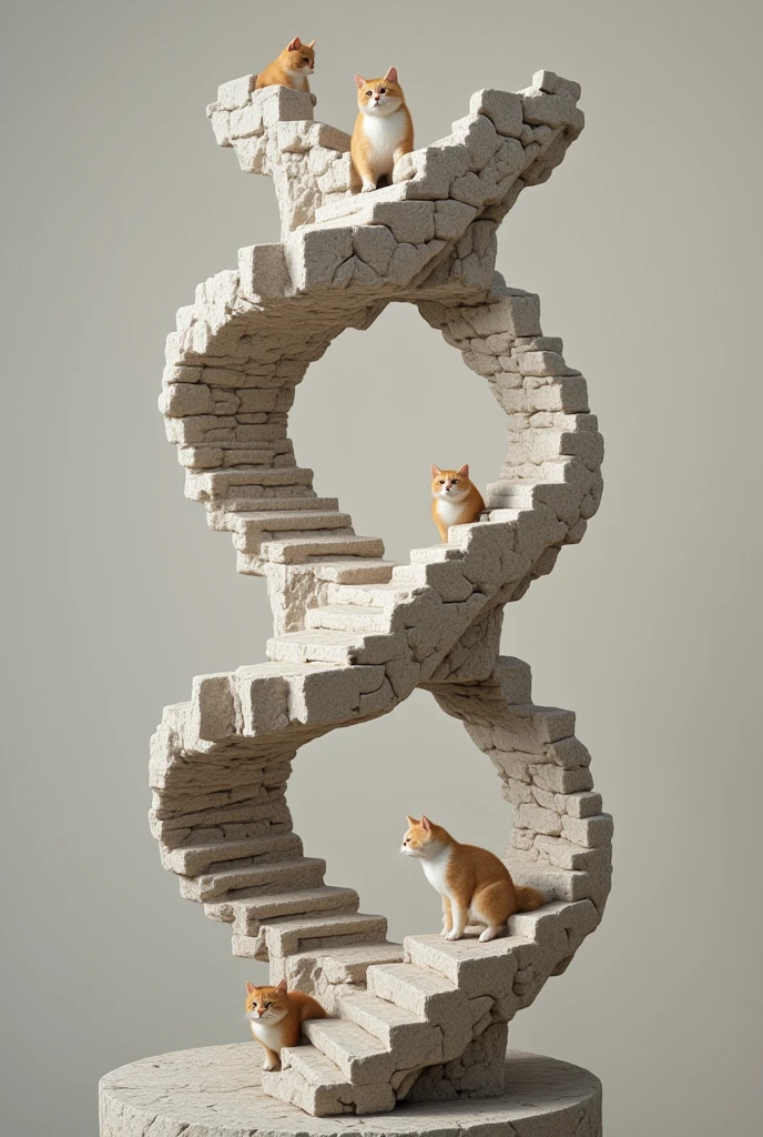 Penrose stairs made of very realistic stone, with cute cats happily walking on them, simple background