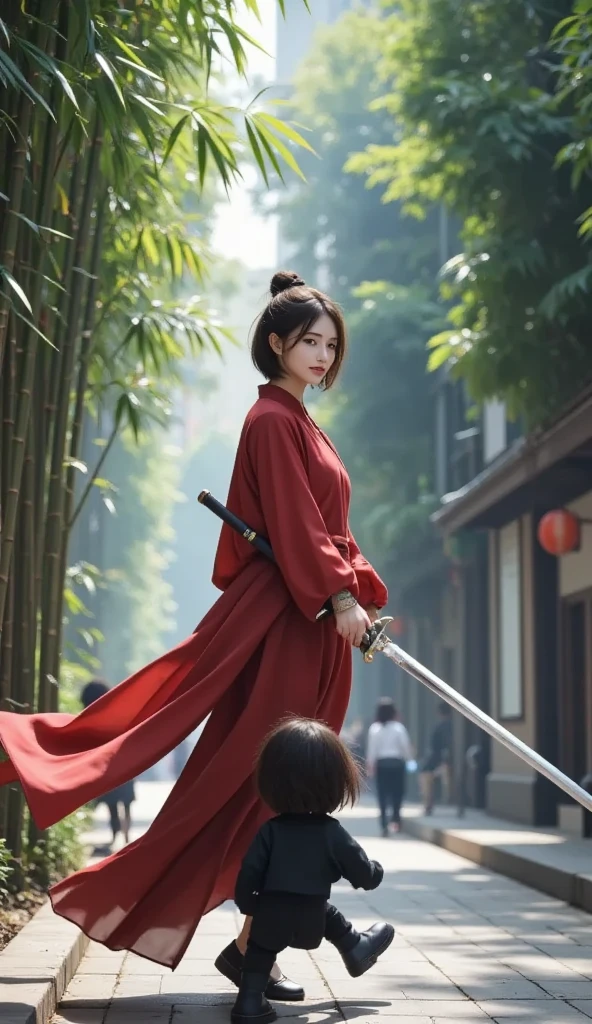 In a mystical bamboo forest, a towering female swordsman, dressed in flowing red robes, stands tall above the swaying bamboo stalks, her height surpassing even the tallest of the trees. Her slender, graceful figure moves with the elegance of a traditional Chinese dancer, each motion imbued with the fluid beauty of Eastern martial arts. Her sword, gleaming in the soft light filtering through the bamboo, cuts through the air with both precision and grace. Her face is a masterpiece of flawless beauty, serene yet focused, with an air of deadly calm.

Below her, a mysterious black-clad, masked figure stands, their height barely reaching the towering swordswoman’s knee. Despite the massive difference in scale, the black-clad fighter exudes an intense aura, their movements swift and sharp, darting through the bamboo like a shadow. The contrast between the two is stark—one towering and majestic, the other small but fiercely determined. The bamboo forest around them sways gently in the wind, framing this epic battle of skill, power, and grace. The scene captures the essence of an ancient Chinese martial arts duel, with every detail brimming with elegance and intensity.