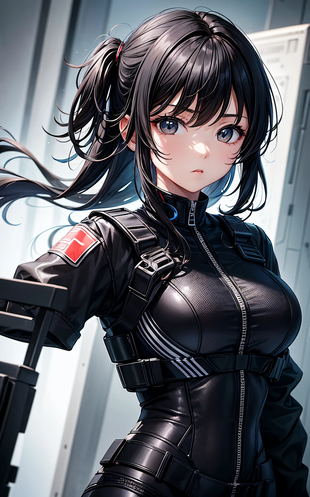 1 girl、highest quality、masterpiece、4K、Highest image quality、upper body shot、slightly wavy hair、waist-length black hair、black eyes、wearing black racing suit likes police uniform, black and grey mecha, wearing military harness、put one&#39;s hand in one&#39;s pocket、dark look、gray background