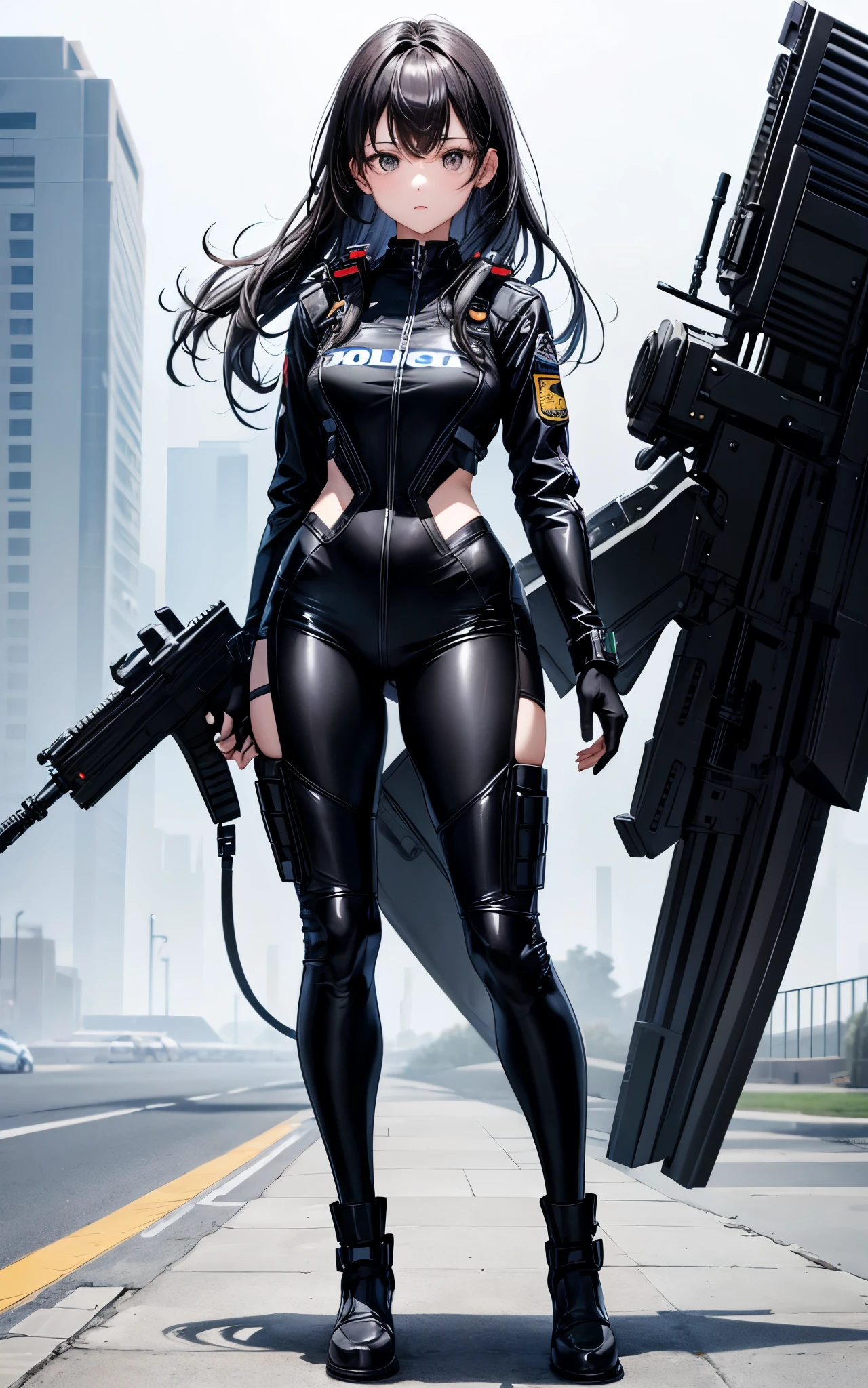 1 girl、highest quality、masterpiece、4K、Highest image quality、full body shot、slightly wavy hair、waist-length black hair、black eyes、wearing black racing suit likes police uniform, black and grey mecha, wearing military harness、put one&#39;s hand in one&#39;s pocket、dark look、gray background