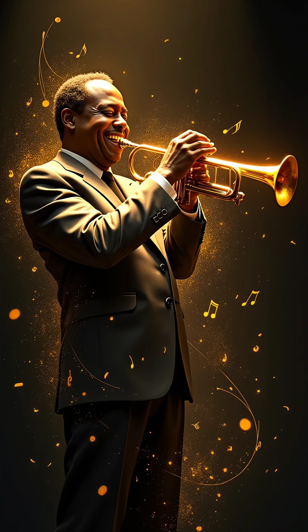 Louis Armstrong playing trumpet in the dark.smiling. glowing golden notes and music staves are springing from his feet to sky spirally illuminating him warmly.simple black background. minimalism.