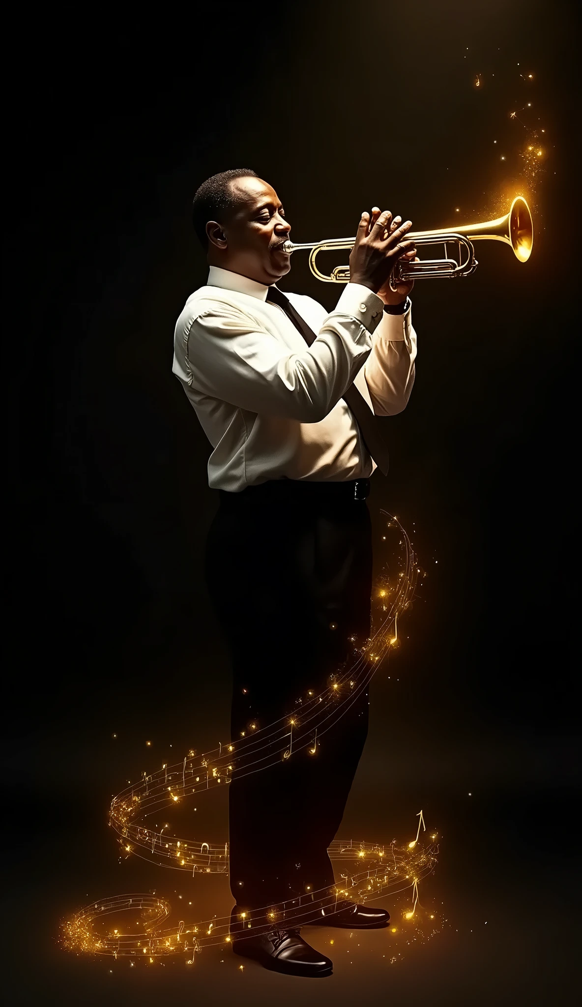 Louis Armstrong playing trumpet in the dark.smiling. glowing golden notes and music staves are springing from his feet to sky spirally illuminating him warmly.simple black background. minimalism.