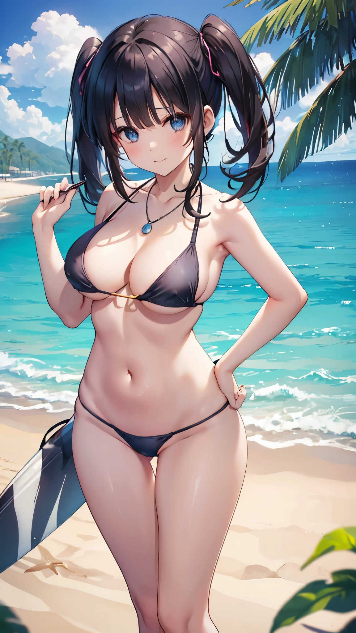 (8K、Highest image quality、highest quality、masterpiece)、detailed face、1 girl、black hair、(( twintails))、blunt bangs,shiny eyes、((large breast))、Moderate chest,((micro bikinis:1.5)),((Cleavage,plunging, pendant,navel pierce))、cleavage、(())、((groin))、(( standing,straight on:1.5))、( smile,happy),put your hands on your hips、cowboy shot,beautiful background、(outdoor,paradise,beach),POV
