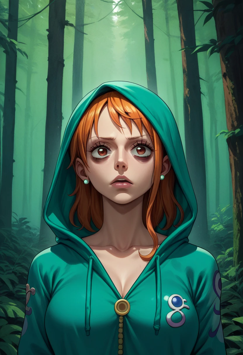 score_9, score_8_up, score_7_up, solo,1girl look at me, orange hair, bags under eyes, hood ,hoodie, walk in forest, tornade,Nami
,woman ,One Piece character