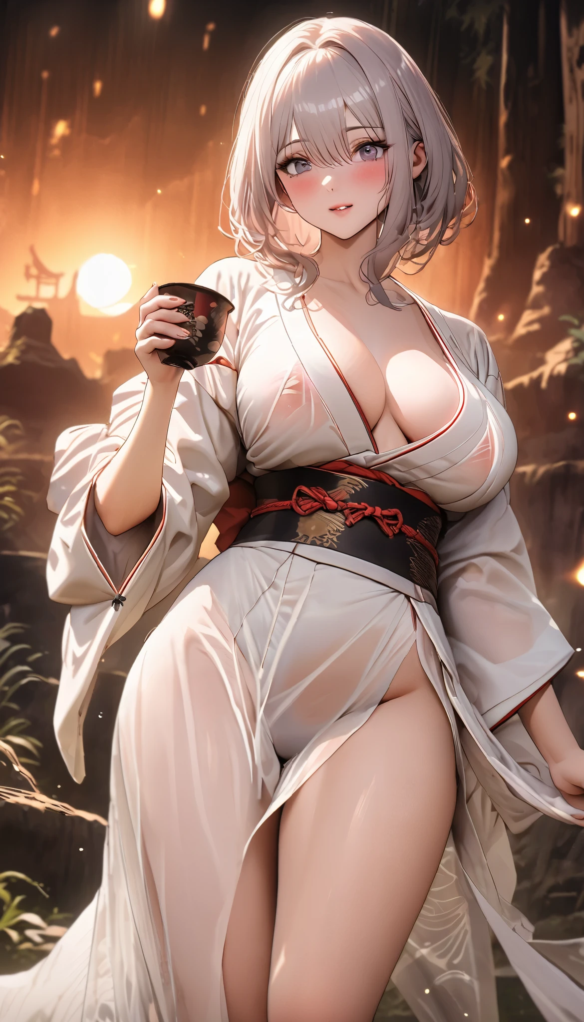 masterpiece, best quality, A Beautiful Woman , Pale skin, German, Female Body,Silver Head, Silver Hair, big breasts at the temple, Bright Eyes, erotic, (((( Ultra Thin Transparent Fabric White Kimono with Red Lines)))), (((Bare Chest))), No cutouts, (Moonlit Wilderness Background ,Deserted background), ILLUSTRATION STYLE, (8k, Movie-like elements, Realistic. , sharp concentration), complex background, Movie-like , 3-part construction , Backlight, intricate detail that puts the arm in the crotch,F cup breasts,(nod,the guy,scarlet),( kimono with large slits ),Beautiful legs, Viewers,Beautiful detailed face and eyes , sexy appearance ,(Drinking sake,Cheers with a Japanese cup,blush)