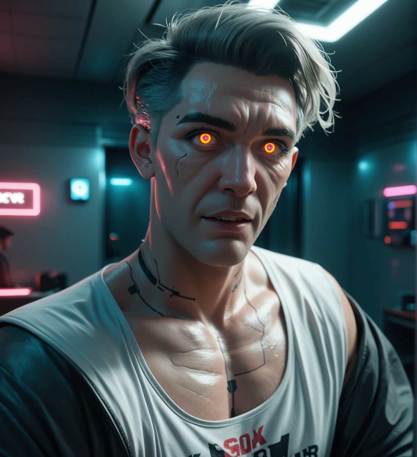 macro quality, closeup cleavage, Cyberpunk barbarians, In a cyberpunk neon room, rugged skin, looking at the camera in, glowing light eyes, aged 40, , dull colors, Clear , pastelcolor, Film graininess, usufruct, Spooky like