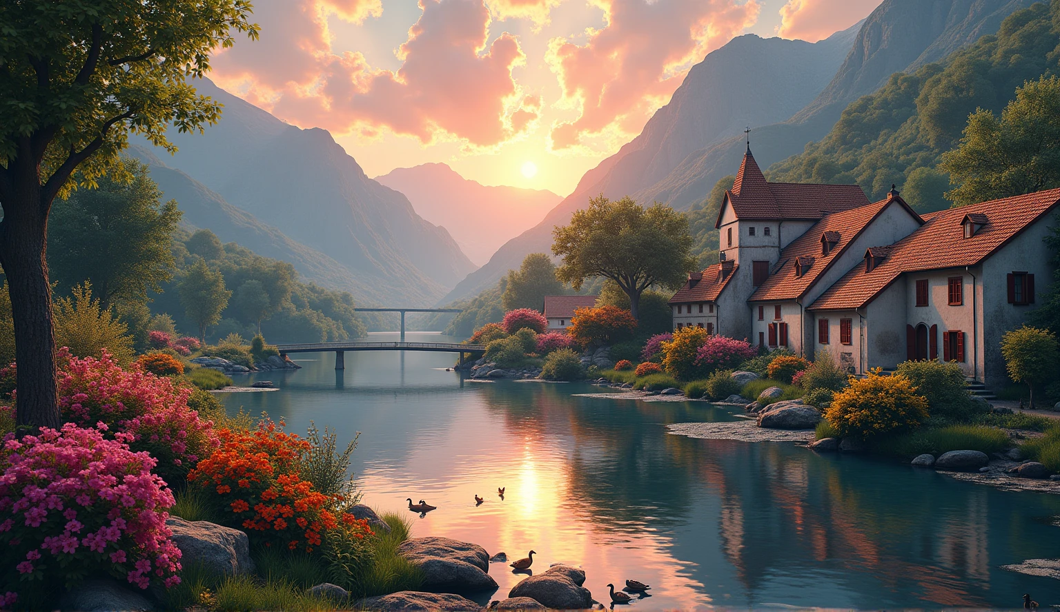 a all village by the river, mountains in the background, floral flowers colorful, detailed landscape, Beautiful natural landscapes, atmospheric lighting, scorching sunset, warm colours, practical, photopractical, Detailed Foliage, complex buildings, cobblestone street, Charming country house, swirly vibrant colors, lush vegetation, Still water reflections, Picturesque, idyllic, work of art, best qualityer, 8k, extremely detaild,anime styling
