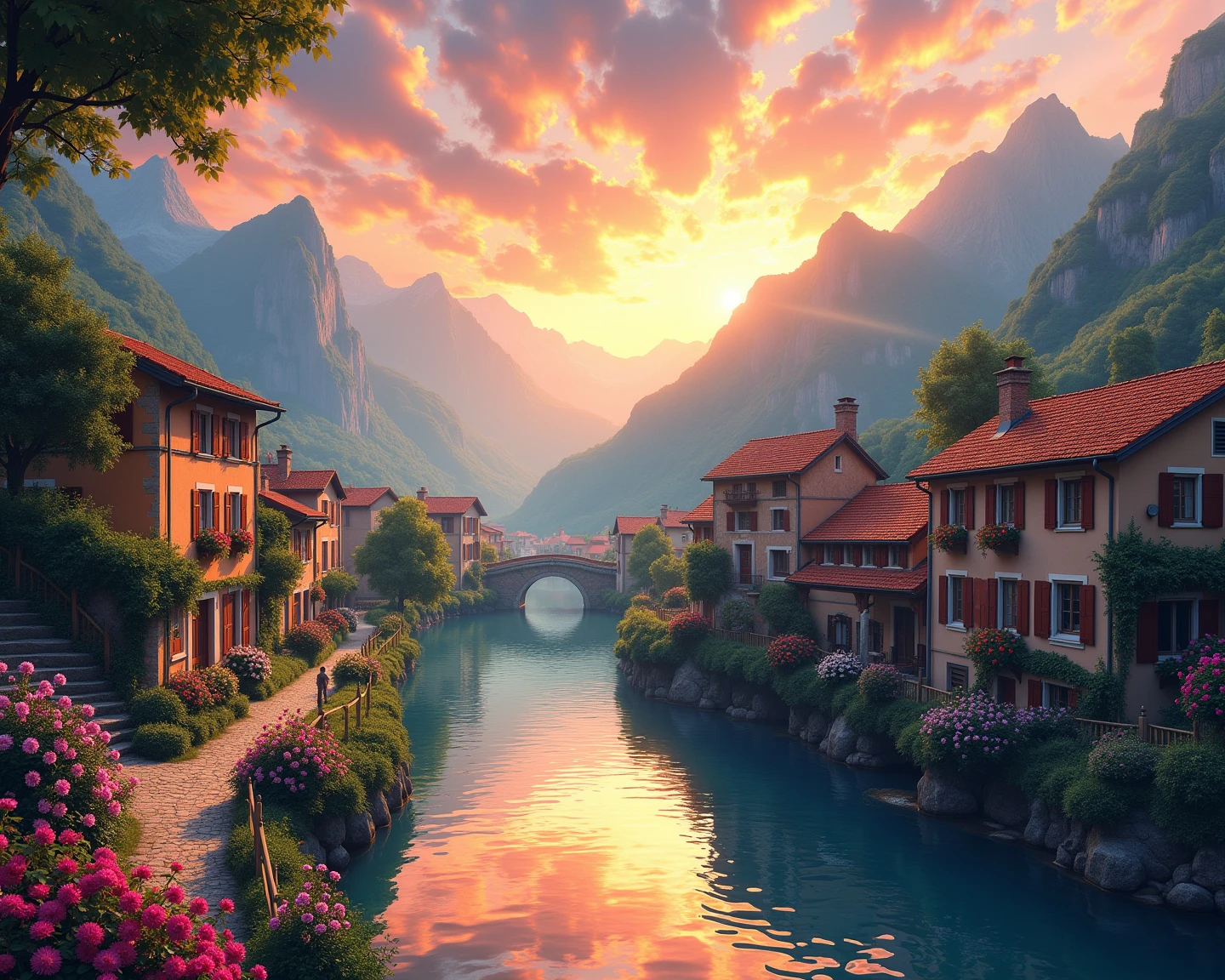 a all village by the river, mountains in the background, floral flowers colorful, detailed landscape, Beautiful natural landscapes, atmospheric lighting, scorching sunset, warm colours, practical, photopractical, Detailed Foliage, complex buildings, cobblestone street, Charming country house, swirly vibrant colors, lush vegetation, Still water reflections, Picturesque, idyllic, work of art, best qualityer, 8k, extremely detaild,anime styling