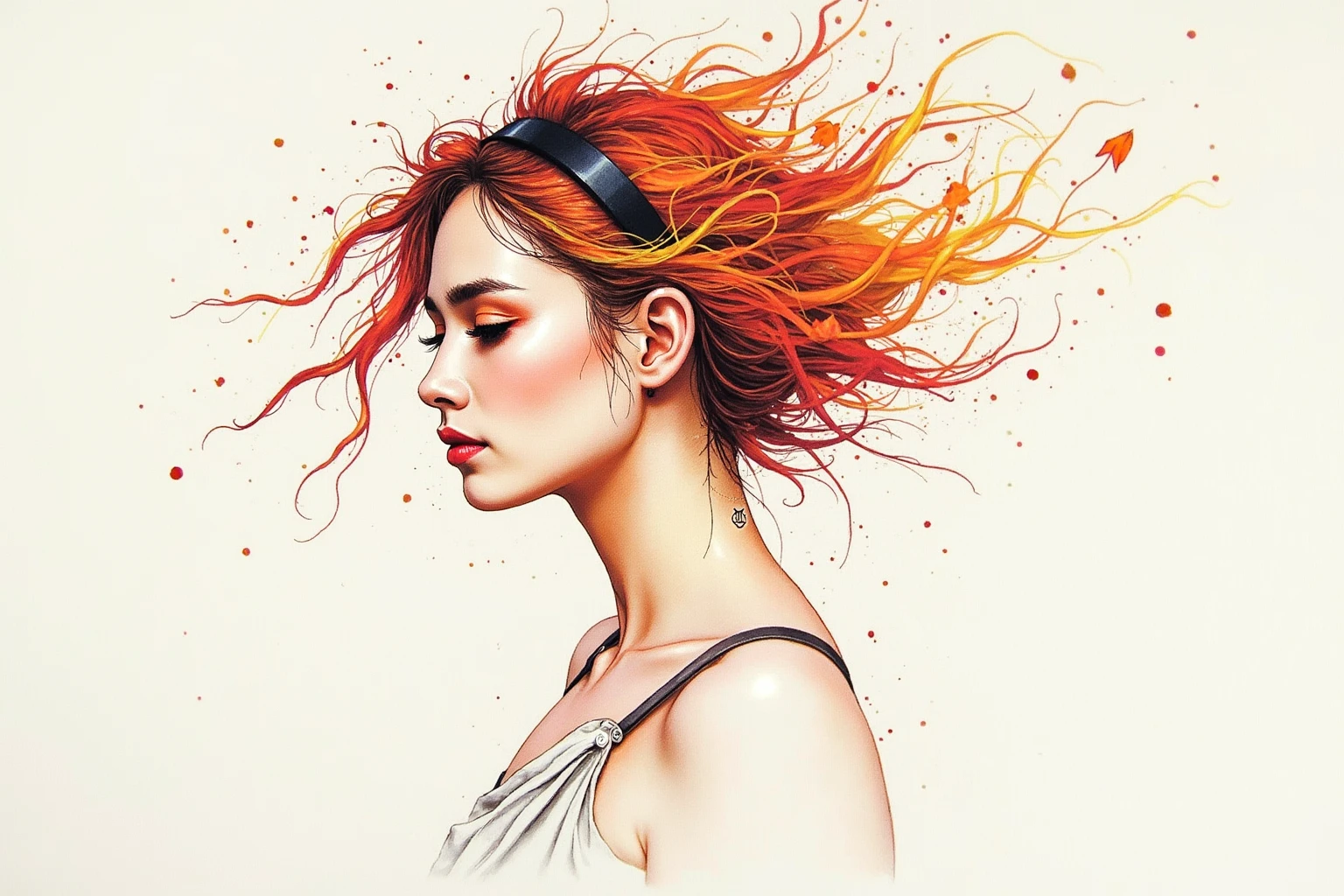 (8 thousand, Best, Masterpiece :1.2),(Best:1.0), (Ultra-high resolution:1.0), aquarelle, A beautiful woman , bshoulders, shairband, author:agnes cecile, half-body portrait, Extremely bright design, pastelcolor, (ink:1.3), Autumn Lights,
