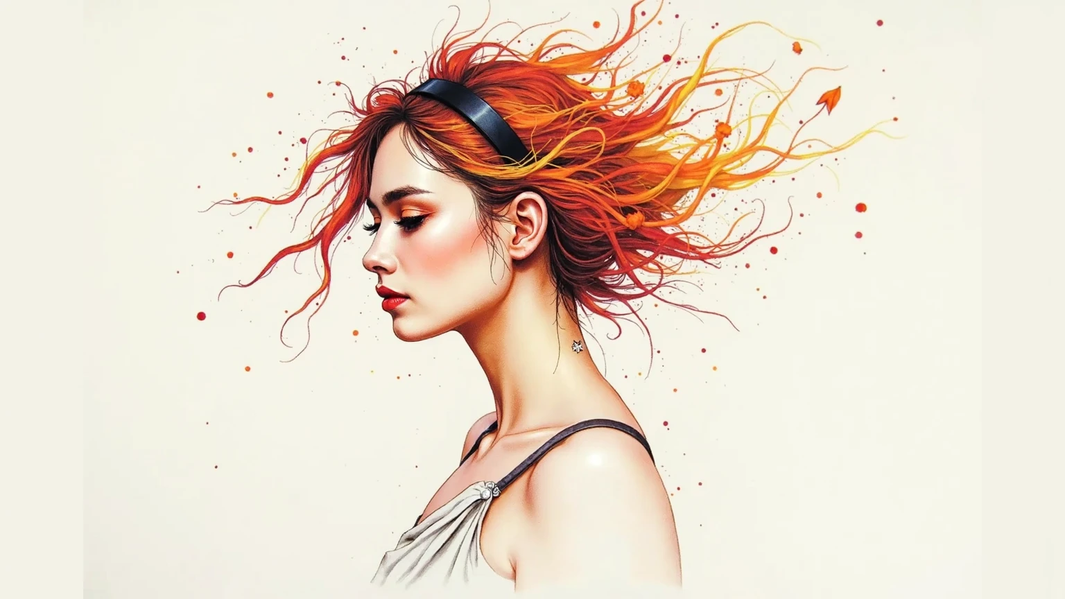(8 thousand, Best, Masterpiece :1.2),(Best:1.0), (Ultra-high resolution:1.0), aquarelle, A beautiful woman , bshoulders, shairband, author:agnes cecile, half-body portrait, Extremely bright design, pastelcolor, (ink:1.3), Autumn Lights,