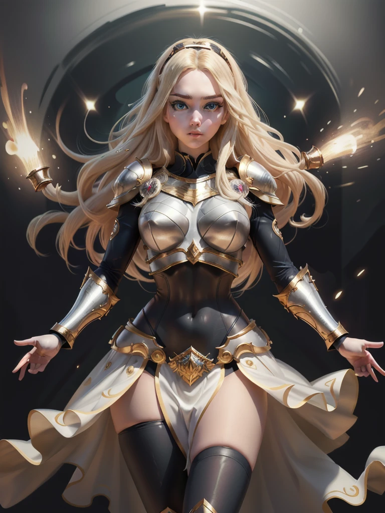 Highly detailed, High Quality, Masterpiece, nice hands, perfect hands, 1girl, full body, lux1, lux_(league_of_legends), very long blonde hair, black headband, armor, breastplate, bodysuit, white gloves, boobplate, (detailed face and eyes:1.3), full body length portrait, combat pose, wielding a powerful special long sword. 